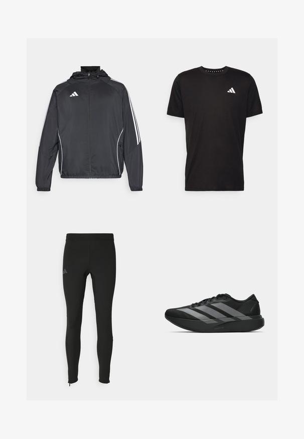 Jachetă sport neagră cu glugă, decorată cu dungi albe pe mâneci și cu fermoar în față. Fabricată dintr-un material neted și ușor.; Tricou negru din bumbac, cu mâneci scurte, de tip crew neckline, cu un logo alb pe pieptul stâng. Textură netedă și design simplu.; Colanți sport negri cu un design ajustat, realizați dintr-un material elastic. Prezintă un logo discret și fermoare la glezne pentru o purtare ușoară.; Pantofi sport negri cu un design ușor, prezentând trei dungi gri proeminente, o textură netedă și o talpă conturată.