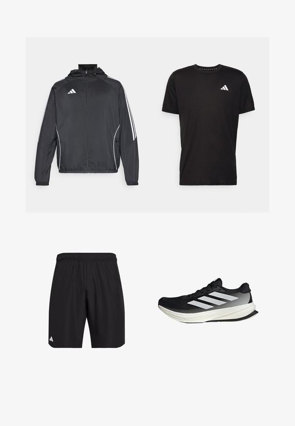 Crna atletska jakna s kapuljačom, s bijelim prugama duž rukava i zatvaranjem na zip. Izrađena od glatkog, laganog materijala.; Crna pamučna majica s kratkim rukavima, okruglim izrezom i bijelim logotipom na lijevoj strani prsnog koša. Glatka tekstura i jednostavan dizajn.; Crne sportske kratke hlače s elastičnom trakom u struku. Izrađene od lagane tkanine, s blagom teksturom i malim bijelim logom.; Crna atletska cipela s mrežastim dizajnom, koja ima bijele pruge, zaobljeni vrh i teksturiranu potplate za prianjanje i potporu.