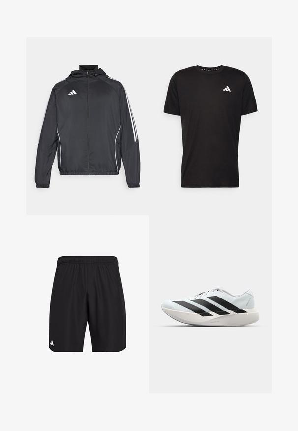 Juodas sportinis džemperis su kapišonu, turintis baltas juosteles palei rankoves ir užtrauktuką priekyje. Pagamintas iš lygaus, lengvo audinio.; Juodas medvilnės marškinėliai trumpomis rankovėmis, su apvalia iškirpte ir balta logo kairiajame krūtinės šone. Lygus tekstūra ir paprastas dizainas.; Juodos sportinės šortai su elastine liemens juosta. Pagaminti iš lengvos medžiagos, pasižyminčios subtilia tekstūra ir mažu baltu logotipu.; Lengvi bėgimo batai šviesiai mėlynos spalvos su juodomis juostelėmis. Yra lygus viršus, apvalus pirštas ir storas baltas vidpadis su užrašu "LIGHTSTRIKE PRO."