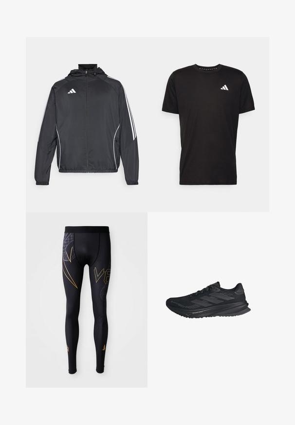 Melnā sporta jaka ar kapuci, ar baltām svītrām pa piedurknēm un ar rāvējslēdzēju priekšpusē. Izgatavota no gludas, vieglas auduma.; Melna kokvilnas t-krekls ar īsām piedurknēm, apaļu dekoltē un balto logo uz kreisā krūts. Gluda tekstūra un vienkāršs dizains.; Melnas sporta leggingas ar gludu tekstūru, ar zelta akcentiem un grafisku dizainu uz kājām. Elastīga josta komfortam.; Melni Adidas skriešanas apavi ar Gore-Tex augšdaļu, trīs svītras sānos un uzrakstu "Dreamstrike" uz zoles, redzēti no ārējās puses.
