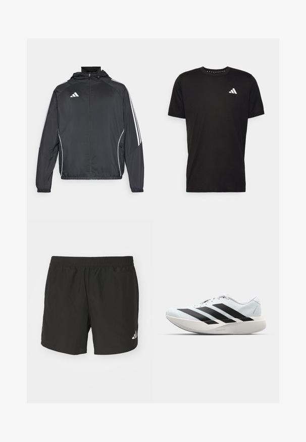 Černá sportovní bunda s kapucí, s bílými pruhy podél rukávů a s předním zipem. Vyrobena z hladkého, lehkého materiálu.; Černé bavlněné tričko s krátkým rukávem, kulatým výstřihem a bílým logem na levé hrudi. Hladká textura a jednoduchý design.; Černé sportovní šortky s elastickým pasem, bočními rozparky a reflexními akcenty loga. Vyrobené z lehkého a hladkého materiálu.; Lehké běžecké boty v světle modré barvě s černými pruhy. Mají hladký svršek, kulatou špičku a silnou bílou mezipodešev označenou "LIGHTSTRIKE PRO."