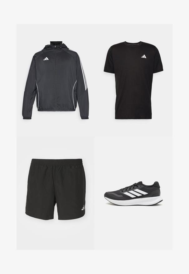 Črna športna jakna s kapuco, z belimi črtami ob rokavih in z zadrgo spredaj. Narejena iz gladkega, lahkega materiala.; Črna bombažna majica s kratkimi rokavi, okroglim izrezom in belim logotipom na levem prsnem predelu. Gladka tekstura in preprost dizajn.; Črne atletske kratke hlače z elastičnim pasom, stranskimi razporki in odsevnimi logotipnimi poudarki. Narejene so iz lahkotnega, gladkega materiala.; Črne športne čevlje z zračnim mrežastim zgornjim delom, belimi akcenti in oblazinjeno podplatom. Imajo tri črte logo na strani.