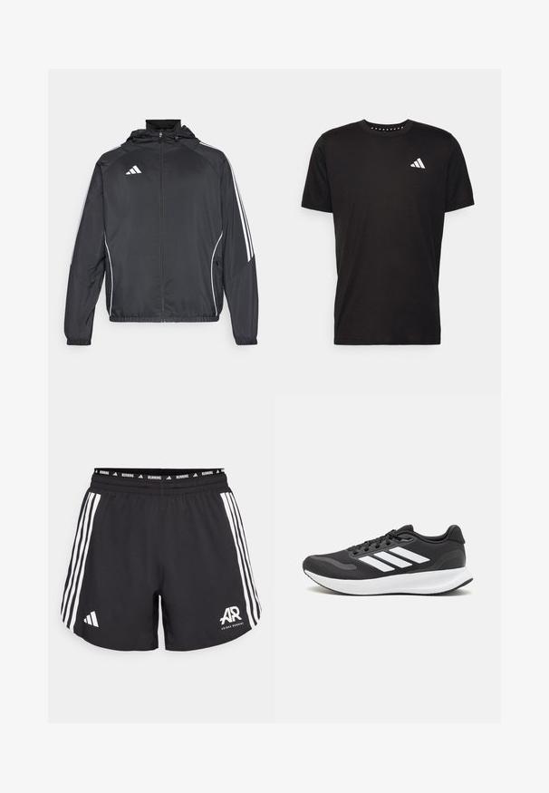 Must värvi sportlik jakk kapuutsiga, millel on valged triibud varrukatel ja lukuga esiosa. Valmistatud siledast, kergest kangast.; Must must ka t-särk lühikeste varrukatega, ümmarguse kaelusega ja valge logoga vasakul rinnal. Sile tekstuur ja lihtne disain.; Mustad jooksulühikesed, mille külgedel on valged Adidas triibud ja logo. Elastsest materjalist vöökoht, millel on ülevalpool "RUNNING" tekst. Kerge materjal.; Mustmust valmistatud õhulise võrgu ülemise osa, valgete aktsentidega ja pehme tallaga must sportlik king. Küljel on kolm triipu kujutav logo.