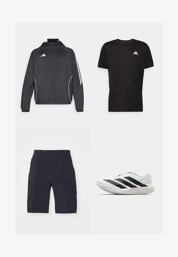 Black athletic jacket with a hood, featuring white stripes along the sleeves and a zippered front. Made from a smooth, lightweight fabric.; Black cotton t-shirt with short sleeves, crew neckline, and a white logo on the left chest. Smooth texture and simple design.; Navy blue shorts made from lightweight fabric. Features an elastic waistband and two side pockets. No visible patterns or hardware.; Lightweight running shoes in pale blue with black stripes. Features a smooth upper, round toe, and thick white midsole labeled "LIGHTSTRIKE PRO."