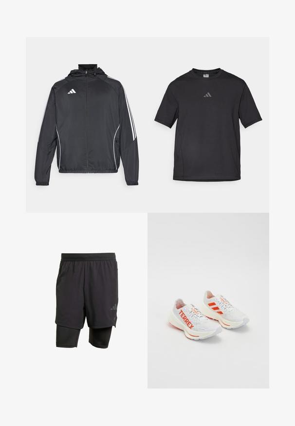 Svart sportsjakke med hette, med hvite striper langs ermene og glidelås foran. Laget av et glatt, lett stoff.; Svart atletisk t-skjorte laget av pustende materiale, med korte ermer, rund hals og et reflekterende logo på brystet.; Svarte sportshorts med integrert indre lag, laget av pustende stoff. Har subtilt logo og strukturert tekstur. Justerbar midje.; Hvite sportsko med oransje detaljer, med "TERREX" merke, mesh-overdel, polstret såle og teksturert gummisåle.
