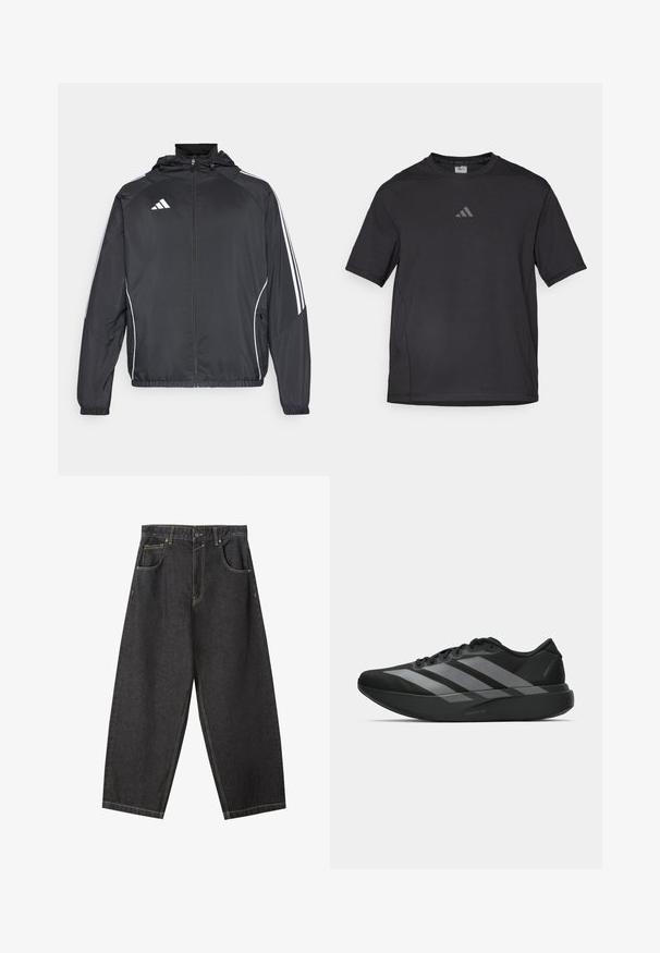Fekete sportos dzseki kapucnival, fehér csíkokkal az ujjak mentén és cipzáras elülső résszel. Simább, könnyű anyagból készült.; Fekete sport póló lélegző anyagból, rövid ujjú, kerek nyakkal és fényvisszaverő logóval a mellkasán.; Fekete farmer széles lábú nadrág sárga varrással, öt zsebes kialakítással és közepes derékkal. Texturált anyag sima felülettel.; Fekete sportcipők könnyű kialakítással, három kiemelkedő szürke csíkkal, sima textúrával és kontúros talppal.
