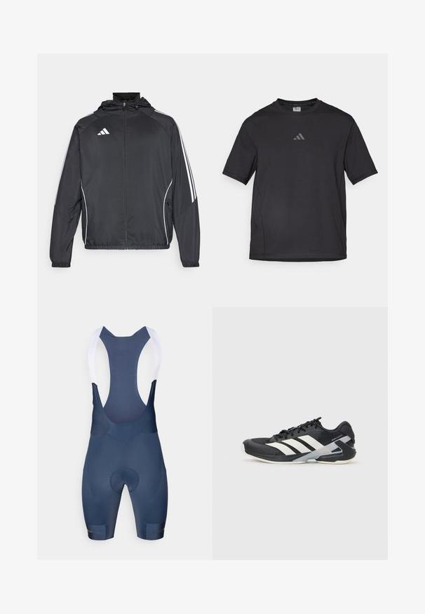 Musta urheilu takki hupulla, jossa on valkoiset raidat hihoissa ja vetoketjuzulu etupuolella. Valmistettu sileästä, kevyestä kankaasta.; Musta urheilupaita, joka on valmistettu hengittävästä materiaalista, jossa on lyhyet hihat, pyöreä kaula-aukko ja heijastava logo rinnassa.; Tummansiniset pyöräilyhousut, joissa on valkoiset olkaimet, pehmustettu istuin, sileä pinta sekä ilman näkyviä kuvioita tai metalliosia.; Mustat urheilukengät valkoisilla raidoilla, verkkomateriaalia ylhäällä, pyöristetty kärki ja pehmustettu pohja. Varustettu teksturoidulla kantapäällä ja turvallisella nauhoitusjärjestelmällä.