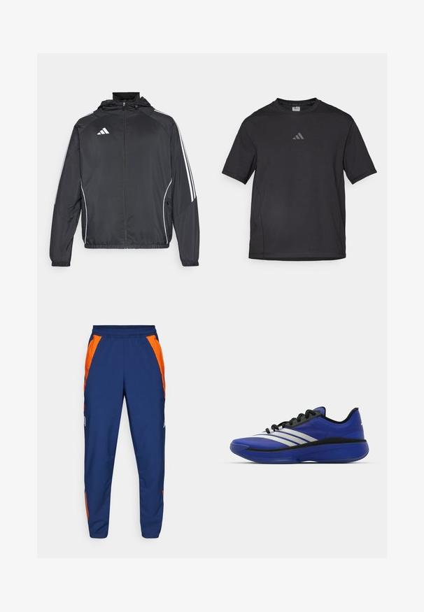 Giacca atletica nera con cappuccio, caratterizzata da strisce bianche lungo le maniche e chiusura con zip frontale. Realizzata in un tessuto liscio e leggero.; Maglietta sportiva nera realizzata in materiale traspirante, con maniche corte, colletto rotondo e logo riflettente sul petto.; Pantaloni sportivi blu navy con pannelli laterali arancioni, vita elasticizzata e dettagli con cerniera alle caviglie; realizzati in un tessuto leggero e liscio.; adidas Performance ADIZERO SELECT 3.0 - Scarpe da basket - lucid blue/core black/metallic