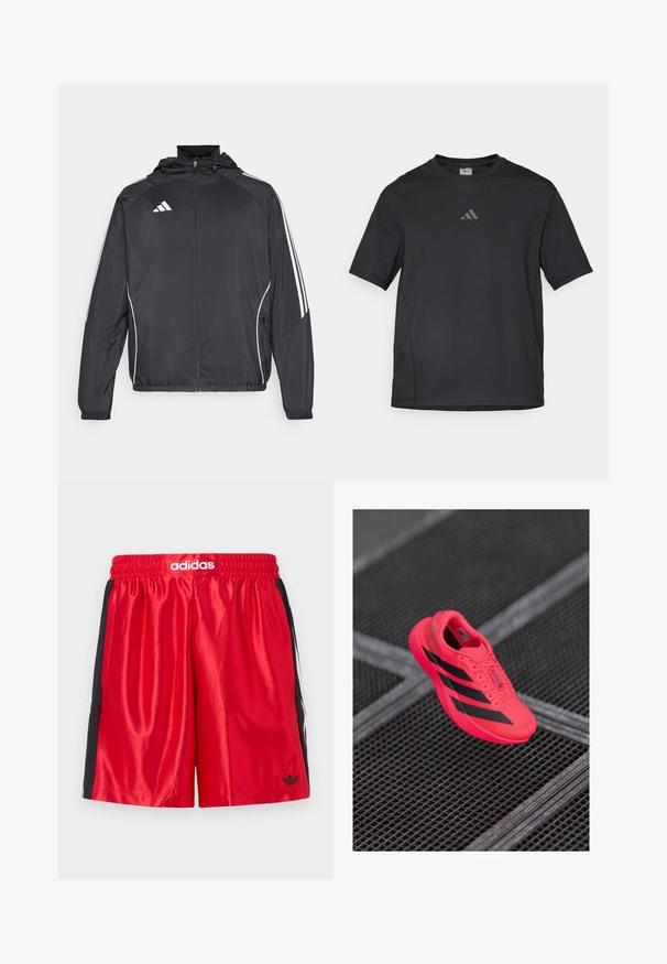 Casaco atlético preto com capuz, apresentando riscas brancas ao longo das mangas e um fecho éclair na frente. Fabricado em um tecido liso e leve.; T-shirt atlético preto feito de material respirável, com mangas curtas, decote redondo e um logótipo refletor no peito.; Calções atléticos vermelhos com painéis laterais pretos, cintura elástica e logotipo "adidas" branco na frente. Textura de cetim suave, até ao joelho.; Sapatilha de corrida rosa brilhante com riscas pretas, feita de material de malha leve, apresentando uma sola texturizada e um design de atacadores.
