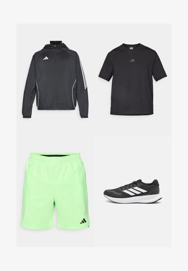 Schwarze Sportjacke mit Kapuze, ausgestattet mit weißen Streifen an den Ärmeln und einem Reißverschluss vorne. Hergestellt aus einem glatten, leichten Stoff.; Schwarzes Sport-T-Shirt aus atmungsaktivem Material, mit kurzen Ärmeln, rundem Ausschnitt und einem reflexiven Logo auf der Brust.; Hellgrüne Sportshorts mit einem elastischen Bund, seitlichen Taschen und einem schwarzen Adidas-Logo auf der unteren linken Seite. Glattes, leichtes Material.; Schwarzer Sportschuh mit atmungsaktivem Mesh-Obermaterial, weißen Akzenten und einer gepolsterten Sohle. Mit drei Streifen-Logo an der Seite.
