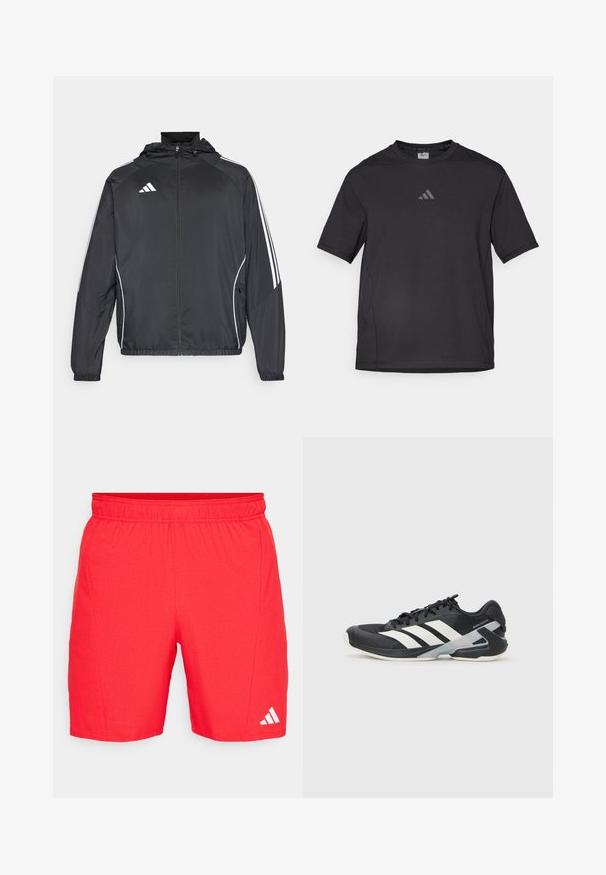 Schwarze Sportjacke mit Kapuze, ausgestattet mit weißen Streifen an den Ärmeln und einem Reißverschluss vorne. Hergestellt aus einem glatten, leichten Stoff.; Schwarzes Sport-T-Shirt aus atmungsaktivem Material, mit kurzen Ärmeln, rundem Ausschnitt und einem reflexiven Logo auf der Brust.; Rote Sportshorts mit einem elastischen Bund, strukturiertem Stoff und einem weißen Adidas-Logo nahe dem Saum.; Schwarzer Sportschuh mit weißen Streifen, Obermaterial aus Mesh, runde Zehenform und gepolstertem Sohlenteil. Verfügt über eine strukturierte Ferse und ein sicheres Schnürsystem.