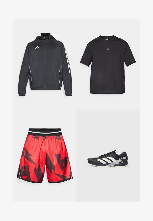Schwarze Sportjacke mit Kapuze, ausgestattet mit weißen Streifen an den Ärmeln und einem Reißverschluss vorne. Hergestellt aus einem glatten, leichten Stoff.; Schwarzes Sport-T-Shirt aus atmungsaktivem Material, mit kurzen Ärmeln, rundem Ausschnitt und einem reflexiven Logo auf der Brust.; Rote sportliche Shorts mit einem schwarzen abstrakten Muster, elastischem Bund mit weißen und schwarzen Streifen, hergestellt aus leichtem, glänzendem Material.; Schwarzer Sportschuh mit weißen Streifen, Obermaterial aus Mesh, runde Zehenform und gepolstertem Sohlenteil. Verfügt über eine strukturierte Ferse und ein sicheres Schnürsystem.