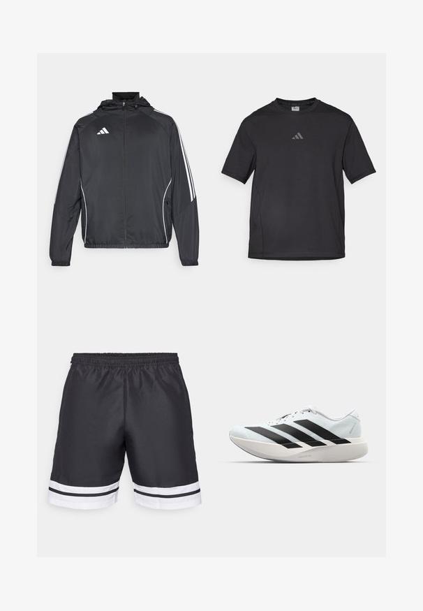 Crna atletska jakna s kapuljačom, s bijelim prugama duž rukava i zatvaranjem na zip. Izrađena od glatkog, laganog materijala.; Crna atletska majica od prozračnog materijala, s kratkim rukavima, okruglim izrezom i reflektirajućim logotipom na prsima.; Crne atletske kratke hlače s elastičnim pojasom, s bijelim horizontalnim crtama na rubu i glatkom teksturom.; Lagane tenisice za trčanje u svijetloplavoj boji s crnim trakama. Imaju glatku gornju površinu, okrugli vrh i debeli bijeli srednji sloj označen "LIGHTSTRIKE PRO."