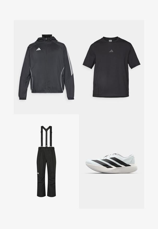 Fekete sportos dzseki kapucnival, fehér csíkokkal az ujjak mentén és cipzáras elülső résszel. Simább, könnyű anyagból készült.; Fekete sport póló lélegző anyagból, rövid ujjú, kerek nyakkal és fényvisszaverő logóval a mellkasán.; Fekete vízálló nadrág állítható nadrágtartóval, sima textúrával és bal lábon elhelyezett fehér logóval, kültéri használatra tervezve.; Világoskék, fekete csíkos könnyű futószerek. Simább felső résszel, kerek orral és vastag fehér középtalppal, amelyen a "LIGHTSTRIKE PRO" felirat olvasható.