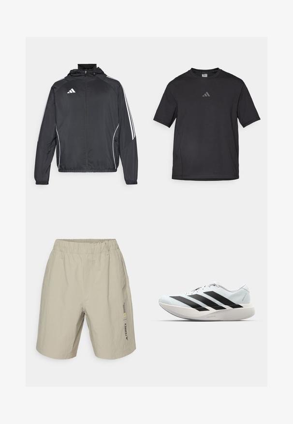 Casaco atlético preto com capuz, apresentando riscas brancas ao longo das mangas e um fecho éclair na frente. Fabricado em um tecido liso e leve.; T-shirt atlético preto feito de material respirável, com mangas curtas, decote redondo e um logótipo refletor no peito.; Shorts bege com um cós elástico. Apresenta uma textura subtil e uma marcação lateral em preto e amarelo. Projetados para conforto e mobilidade.; Tênis de corrida leves em azul pálido com riscas pretas. Apresentam um cabedal liso, bico redondo e uma entressola espessa branca rotulada como "LIGHTSTRIKE PRO."