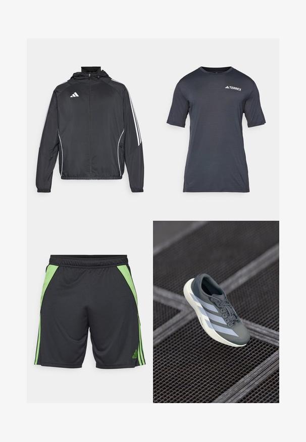 Čierna športová bunda s kapucňou, ktorá má biele pruhy pozdĺž rukávov a zips v prednej časti. Vyrobená z hladkej, ľahkej tkaniny.; Tmavošedé tričko s krátkym rukávom, vyrobené z ľahkého a priedušného materiálu. Má okrúhly výstrih a biele logo "TERREX" na prednej strane.; Čierne športové šortky s zelenými bočnými akcentmi a pruhmi. Vyrobené z ľahkého materiálu, s elastickým pásom pre pohodlie.; Športová obuv v šedej a bielej farbe, vyrobená z umelých materiálov, s aerodynamickým dizajnom, textúrovaným povrchom a výrazným šnurovacím systémom.