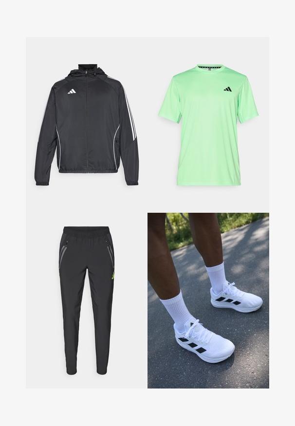 Svart sportsjakke med hette, med hvite striper langs ermene og glidelås foran. Laget av et glatt, lett stoff.; adidas Performance T-skjorte til trening - lime burst/black; adidas Performance REAL MADRID TIRO25 PRO VIS TECH TRAVEL PANT - Klubbklær - black/lucid lemon; Hvite sportsko med svarte detaljer, mesh-overside og hvite lisser. Brukt med hvite ribbede ankelsokker, plassert på en betongoverflate.