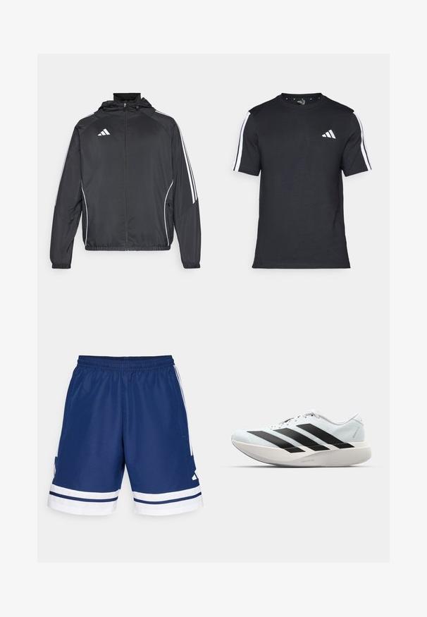 Must värvi sportlik jakk kapuutsiga, millel on valged triibud varrukatel ja lukuga esiosa. Valmistatud siledast, kergest kangast.; Mustvalge T-särk puuvillast, lühikeste varrukatega, millel on valged triibud õlgadel ja valge logo vasakul rinnal.; Tumes sinine sportlik lühikesed püksid veniva vöökohaga, valgete aktsentidega ja küljetaskutega. Nöör on valge triibuga. Polüestermaterjal.; Kerged jooksujalatsid helesinises värvuses mustade triipudega. Omavad siledat pealispinda, ümarat varvase osa ja paksu valget vahemõõtu, millel on silt "LIGHTSTRIKE PRO".