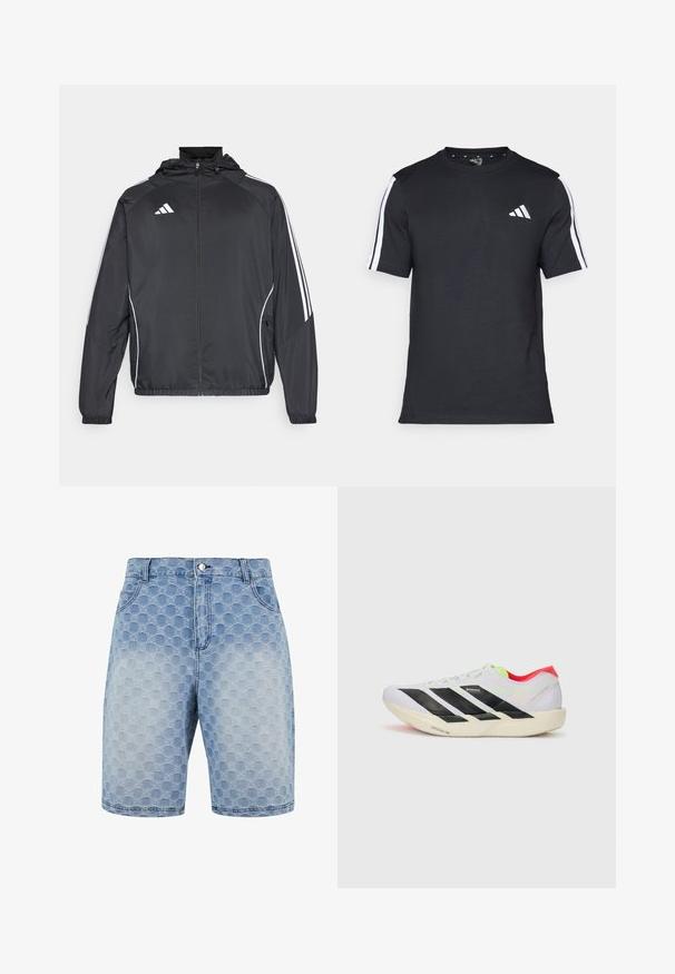 Crna atletska jakna s kapuljačom, s bijelim prugama duž rukava i zatvaranjem na zip. Izrađena od glatkog, laganog materijala.; Crna majica od pamuka s kratkim rukavima, koja ima bijele pruge na ramenima i bijeli logo na lijevoj strani prsiju.; Svijetloplavi traper šortsi s teksturiranim uzorkom preklapajućih krugova. Ima pet džepova i klasično zatvaranje na dugme i rajsferšlus.; Bijela trkačka cipela s crnim prugama, neon zelenim naglascima i crvenim petom. Ima lagani dizajn i teksturiranu potplat za bolji grip.