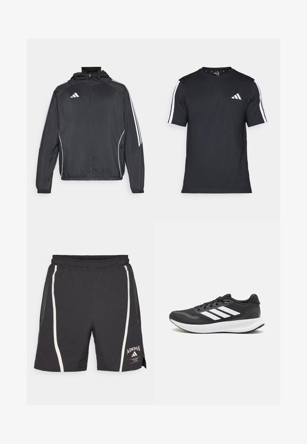 Črna športna jakna s kapuco, z belimi črtami ob rokavih in z zadrgo spredaj. Narejena iz gladkega, lahkega materiala.; Črna majica z kratkimi rokavi iz bombaža, z belimi črtami na ramenih in belim logotipom na levem prsnem delu.; Črne športne kratke hlače z elastičnim pasom, z belimi stranskimi črtami in logotipom Adidas na spodnjem desnem delu hlač.; Črne športne čevlje z zračnim mrežastim zgornjim delom, belimi akcenti in oblazinjeno podplatom. Imajo tri črte logo na strani.