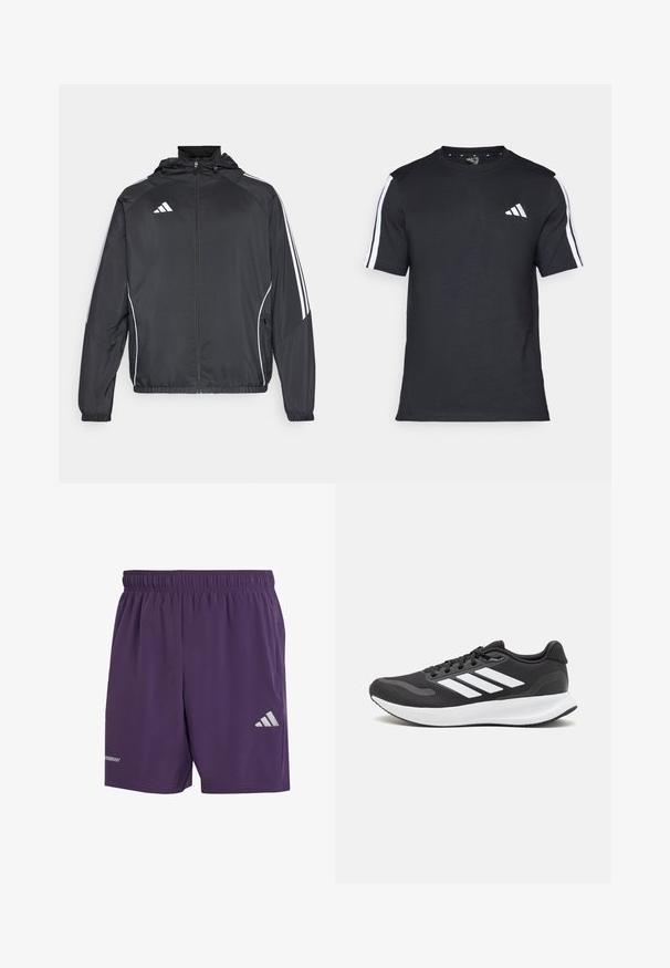 Black athletic jacket with a hood, featuring white stripes along the sleeves and a zippered front. Made from a smooth, lightweight fabric.; Black T-shirt made of cotton with short sleeves, featuring white stripes on the shoulders and a white logo on the left chest.; Purple athletic shorts with an elastic waistband, featuring a silver Adidas logo and a smooth, breathable fabric. No pockets visible.; Black athletic shoe with breathable mesh upper, white accents, and a cushioned sole. Features three stripes logo on the side.