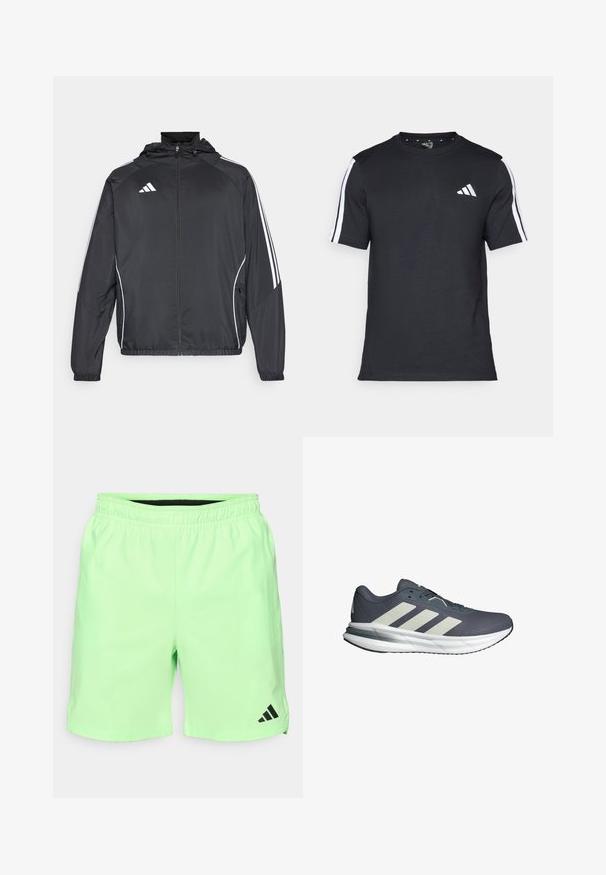 Crna atletska jakna s kapuljačom, s bijelim prugama duž rukava i zatvaranjem na zip. Izrađena od glatkog, laganog materijala.; Crna majica od pamuka s kratkim rukavima, koja ima bijele pruge na ramenima i bijeli logo na lijevoj strani prsiju.; Svijetlozelene sportske kratke hlače s elastičnom trakom u struku, bočnim džepovima i crnim Adidas logotipom na donjoj lijevoj strani. Glatki, lagani materijal.; Atletske cipele s prozračnom plavom mrežicom, tri bijele dijagonalne pruge, upijenom bijelom potplatom i teksturiranim sivim donjim dijelom.