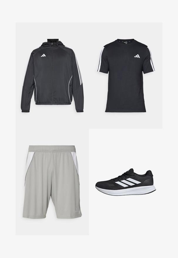 Crna atletska jakna s kapuljačom, s bijelim prugama duž rukava i zatvaranjem na zip. Izrađena od glatkog, laganog materijala.; Crna majica od pamuka s kratkim rukavima, koja ima bijele pruge na ramenima i bijeli logo na lijevoj strani prsiju.; Sive trenerske kratke hlače od lagane tkanine, s bijelim bočnim panelima, elastičnim pojasom i malim logotipom u donjem kutu.; Crne atletske cipele s bijelim prugama, mrežastim gornjim dijelom, ublaženom potplatom i teksturiranim detaljima. Imaju vezanje na vezice i logotip branda na jeziku.