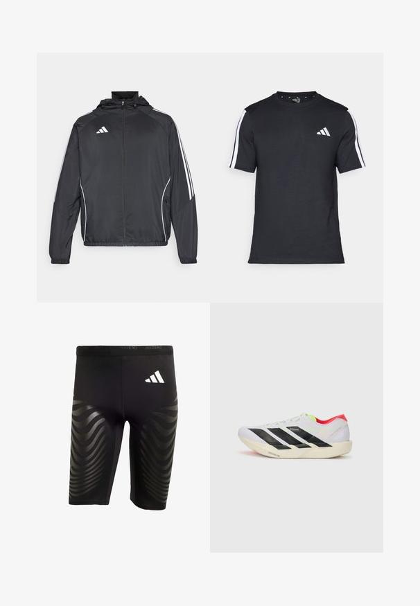 Zwarte sportjack met capuchon, voorzien van witte strepen langs de mouwen en een ritssluiting aan de voorkant. Gemaakt van een gladde, luchtige stof.; Zwarte T-shirt van katoen met korte mouwen, met witte strepen op de schouders en een wit logo op de linkerkant van de borst.; Zwarte sportshorts met een stretchy fit, voorzien van een glanzend golfpatroon aan de zijkanten en een wit logo op de tailleband.; Witte hardloopschoen met zwarte strepen, neon groene accenten en een rode hak. Beschikt over een lichtgewicht ontwerp en een gestructureerde zool voor grip.