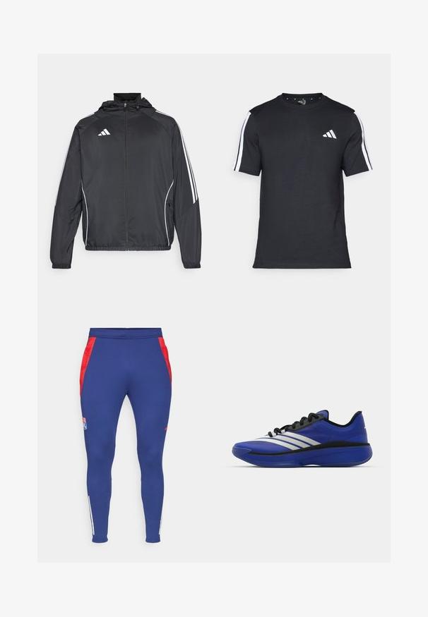 Zwarte sportjack met capuchon, voorzien van witte strepen langs de mouwen en een ritssluiting aan de voorkant. Gemaakt van een gladde, luchtige stof.; Zwarte T-shirt van katoen met korte mouwen, met witte strepen op de schouders en een wit logo op de linkerkant van de borst.; Marine atletische broek met rode zijkanten, een logo op de dij en witte strepen bij de enkels. Gemaakt van een elastische, soepele stof.; adidas Performance ADIZERO SELECT 3.0 - Basketbalschoenen - lucid blue/core black/metallic