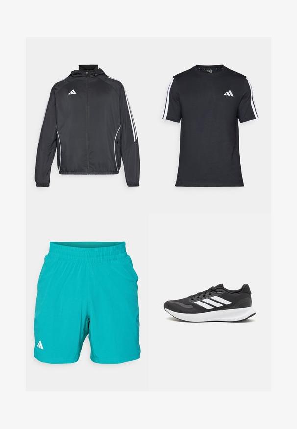 Black athletic jacket with a hood, featuring white stripes along the sleeves and a zippered front. Made from a smooth, lightweight fabric.; Black T-shirt made of cotton with short sleeves, featuring white stripes on the shoulders and a white logo on the left chest.; Teal athletic shorts with an elastic waistband and a textured pattern. Features a white logo on the lower left side.; Black athletic shoe with breathable mesh upper, white accents, and a cushioned sole. Features three stripes logo on the side.