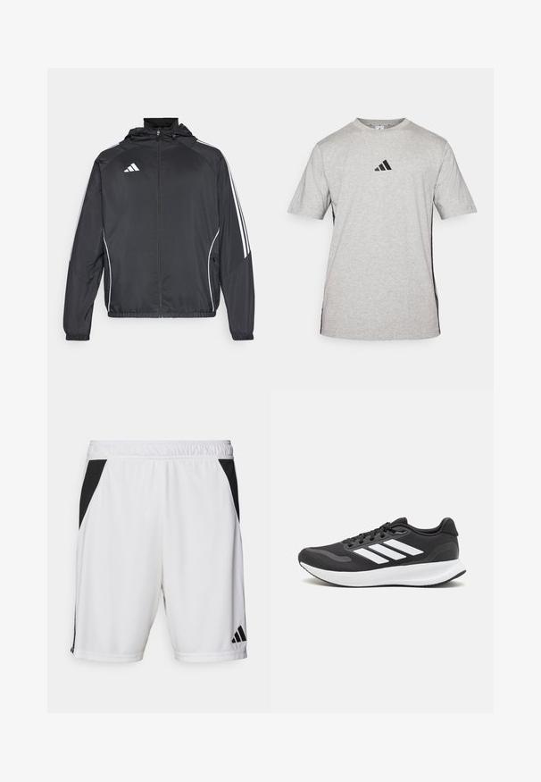 Črna športna jakna s kapuco, z belimi črtami ob rokavih in z zadrgo spredaj. Narejena iz gladkega, lahkega materiala.; Siva kratka majica s kratkimi rokavi iz bombaža, ki ima črn Adidas logotip na prsih in črne stranske akcentne dele. Oblika z okroglim ovratnikom.; Bele športne kratke hlače bele barve z črnim stranskim panelom, elastičnim pasom in logotipom Adidas na spodnjem desnem delu noge. Narejene so iz lahkega materiala.; Črne športne čevlje z zračnim mrežastim zgornjim delom, belimi akcenti in oblazinjeno podplatom. Imajo tri črte logo na strani.