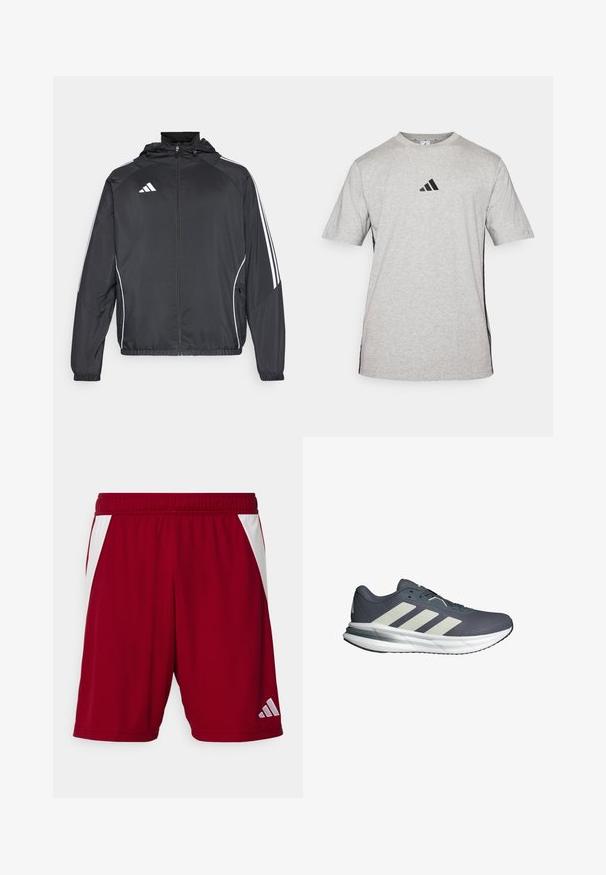Černá sportovní bunda s kapucí, s bílými pruhy podél rukávů a s předním zipem. Vyrobena z hladkého, lehkého materiálu.; Šedé tričko s krátkým rukávem vyrobené z bavlny, se černým logem Adidas na hrudi a černými bočními akcenty. Design s kulatým výstřihem.; Červené sportovní šortky s hladkým povrchem, bílými bočními akcenty, elastickým pasem a reflexní značkovou logem na dolním pravém rohu.; Sportovní boty s prodyšným tmavě modrým síťovinovým svrškem, třemi bílými diagonálními pruhy, polstrovanou bílou podrážkou a texturovanou šedou podrážkou.