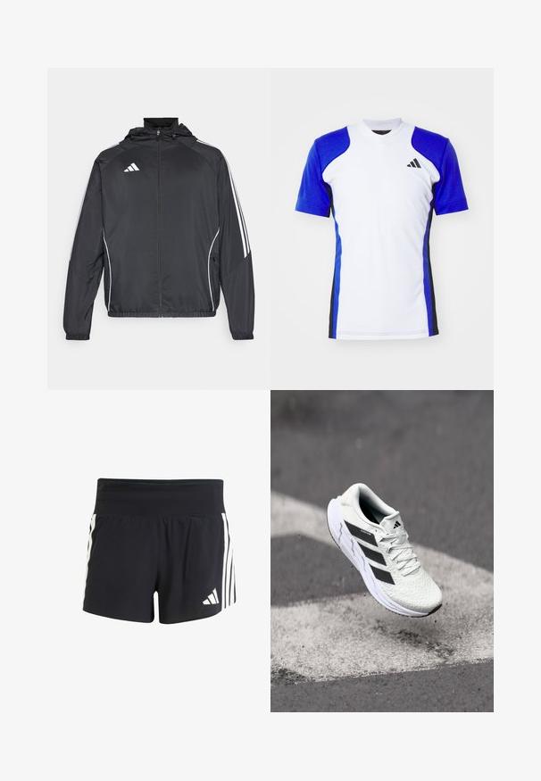 Chaqueta atlética negra con capucha, con rayas blancas a lo largo de las mangas y un cierre frontal con cremallera. Hecha de un tejido suave y ligero.; Camisa deportiva de manga corta en blanco con mangas azules, con acentos laterales en negro y un pequeño logo negro en el pecho. Acabado de tejido suave.; Pantalones cortos deportivos negros con una tela texturizada, con una cinturilla ancha y tres rayas verticales blancas a los lados. Logo de adidas en el dobladillo.; Zapatilla deportiva blanca con parte superior de malla texturizada, rayas negras, cierre de cordones y suela acolchada, levitando sobre una superficie de carretera marcada.
