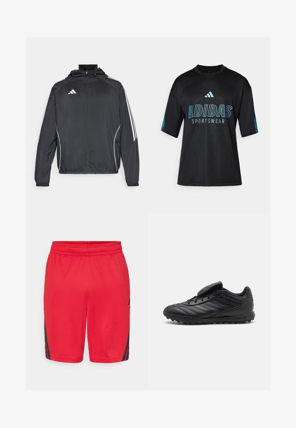 Zwarte sportjack met capuchon, voorzien van witte strepen langs de mouwen en een ritssluiting aan de voorkant. Gemaakt van een gladde, luchtige stof.; Zwart Adidas sportshirt met meshstructuur, korte mouwen, ronde kraag en blauwe logo- en tekstdetails op de voorkant en mouwen.; Rode sportieve shorts met een elastische tailleband en zwarte Adidas-strepen aan de zijkanten, tegen een simpele witte achtergrond.; Zwarte synthetische voetbalschoenen met een gestructureerde bovenkant, voorzien van vetersluiting, gevoerde tong en rubberen noppenonderkant voor grip.