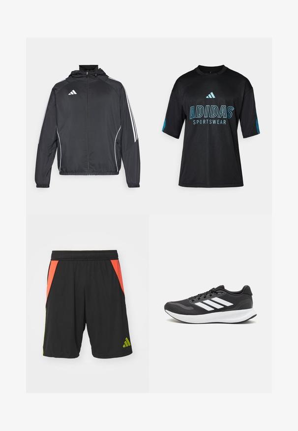 Melnā sporta jaka ar kapuci, ar baltām svītrām pa piedurknēm un ar rāvējslēdzēju priekšpusē. Izgatavota no gludas, vieglas auduma.; Melna Adidas sporta krekls ar sietspiedes tekstūru, īsām piedurknēm, apaļu apkakli un zila krāsas logo un teksta apdruka uz priekšpuses un piedurknēm.; Melni poliestera sporta šorti ar oranžiem un zaļiem sānu paneļiem, elastīgu jostu un zaļu logotipu pie apakšmalas.; Melnas sporta kurpes ar elpojošu acs augšu, baltām akcentiem un mīkstu zoli. Sānā ir trīs svītru logo.