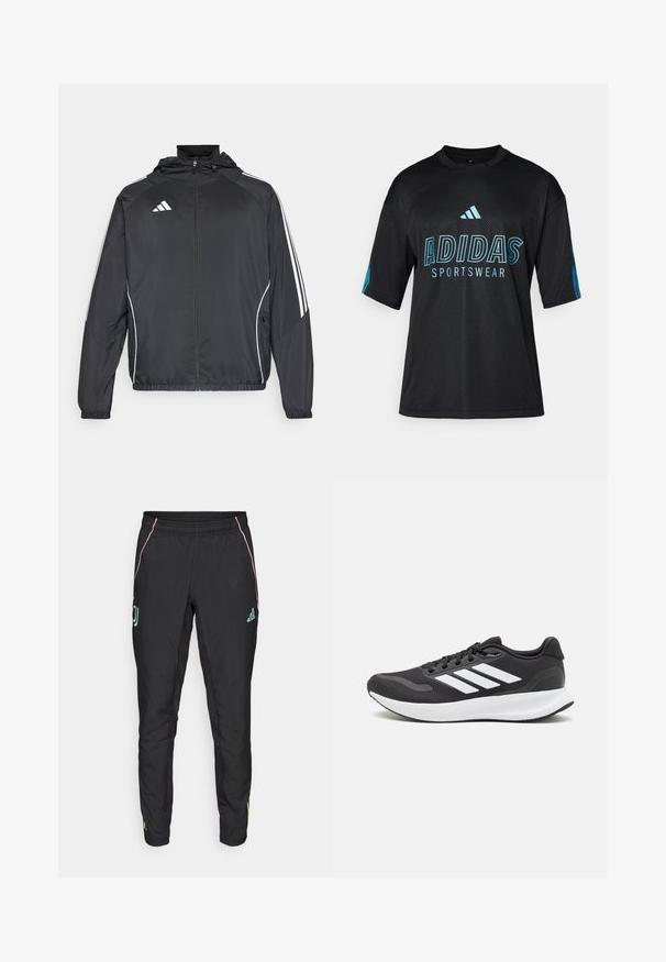 Zwarte sportjack met capuchon, voorzien van witte strepen langs de mouwen en een ritssluiting aan de voorkant. Gemaakt van een gladde, luchtige stof.; Zwart Adidas sportshirt met meshstructuur, korte mouwen, ronde kraag en blauwe logo- en tekstdetails op de voorkant en mouwen.; Zwarte sportbroek met een gladde textuur. Kenmerkt zich door roze en turquoise accenten, een elastische tailleband en logodetails aan de zijkanten.; Zwart sportief schoen met ademend mesh bovenwerk, witte accenten en een gevoerde zool. Beschikt over een logo met drie strepen aan de zijkant.