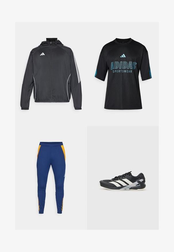 Giacca atletica nera con cappuccio, caratterizzata da strisce bianche lungo le maniche e chiusura con zip frontale. Realizzata in un tessuto liscio e leggero.; Maglietta sportiva nera Adidas con texture a rete, maniche corte, colletto rotondo e dettagli in blu sul logo e sul testo sul davanti e sulle maniche.; Pantaloni sportivi navy con pannelli laterali in rete arancione, gamba affusolata e cintura elastica. Presentano un logo discreto sulla coscia sinistra.; Scarpa sportiva nera con strisce bianche, tomaia in rete, punta arrotondata e suola ammortizzata. Presenta un tallone testurizzato e un sistema di allacciatura sicuro.
