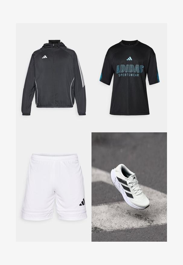 Črna športna jakna s kapuco, z belimi črtami ob rokavih in z zadrgo spredaj. Narejena iz gladkega, lahkega materiala.; Črna Adidas športna majica z mrežasto teksturo, kratkimi rokavi, okroglim ovratnikom ter modrim logotipom in besedilnimi podrobnostmi spredaj in na rokavih.; Bele športne kratke hlače z elastičnim pasom, z zaščitnim črnim logotipom s tremi črtami in teksturirano tkanino, odrezane tik nad kolenom.; Bela atletska čevlja z teksturiranim mrežastim zgornjim delom, črnimi črtami, zavezovanjem na vezalke in oblazinjenim podplatom, lebdi nad označeno cesto.