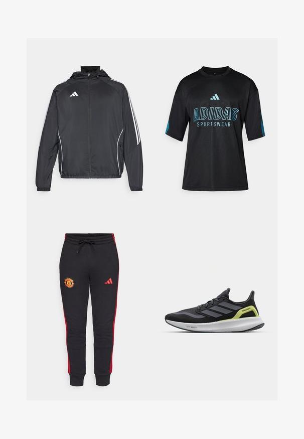 Fekete sportos dzseki kapucnival, fehér csíkokkal az ujjak mentén és cipzáras elülső résszel. Simább, könnyű anyagból készült.; Fekete Adidas sportpóló hálós textúrával, rövid ujjakkal, kerek nyakkal és kék logóval, valamint feliratozással az elején és az ujjakon.; Fekete melegítőnadrág piros oldalsávokkal, hímezett Manchester United logóval és Adidas logóval a combján. Állítható derékpánt.; Fekete futócipő szürke díszítéssel, hálós felsőrésszel és fehér középtalppal. Jellemzők közé tartozik a "Lightboost" márkázás és egy zöld részlet a saroknál.