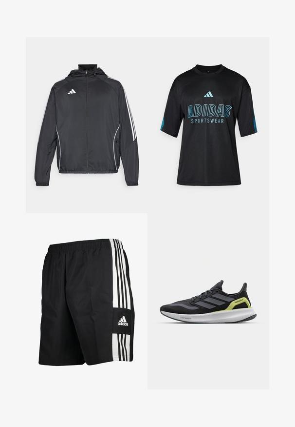 Black athletic jacket with a hood, featuring white stripes along the sleeves and a zippered front. Made from a smooth, lightweight fabric.; Black Adidas sportswear shirt with mesh texture, short sleeves, round collar, and blue logo and text detailing on the front and sleeves.; Black athletic shorts with an elastic waistband, featuring three white vertical stripes on the side and the Adidas logo on the lower leg.; Black running shoe with grey accents, mesh upper, and a white midsole. Features include "Lightboost" branding and a green detail on the heel.