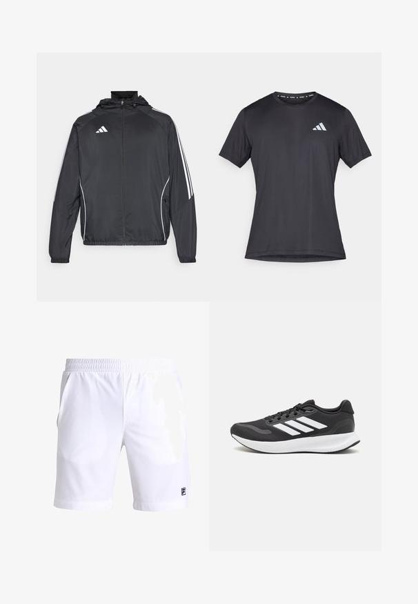 Juodas sportinis džemperis su kapišonu, turintis baltas juosteles palei rankoves ir užtrauktuką priekyje. Pagamintas iš lygaus, lengvo audinio.; Juoda atletinė marškinėliai su trumpomis rankovėmis ir apvalia apykakle, pagaminti iš lengvos medžiagos. Priekyje yra atspindinti Adidas logotipas.; Balti sportiniai šortai su elastinga juosta, šoninėmis kišenėmis, glotnia tekstūra ir mažuoju juodu logotipu kairėje apatinėje kojoje.; Juodas sportinis batelis su orui pralaidžia mėgintuvėliu, baltomis akcentais ir paminkštintu padu. Šone yra trijų juostų logotipas.