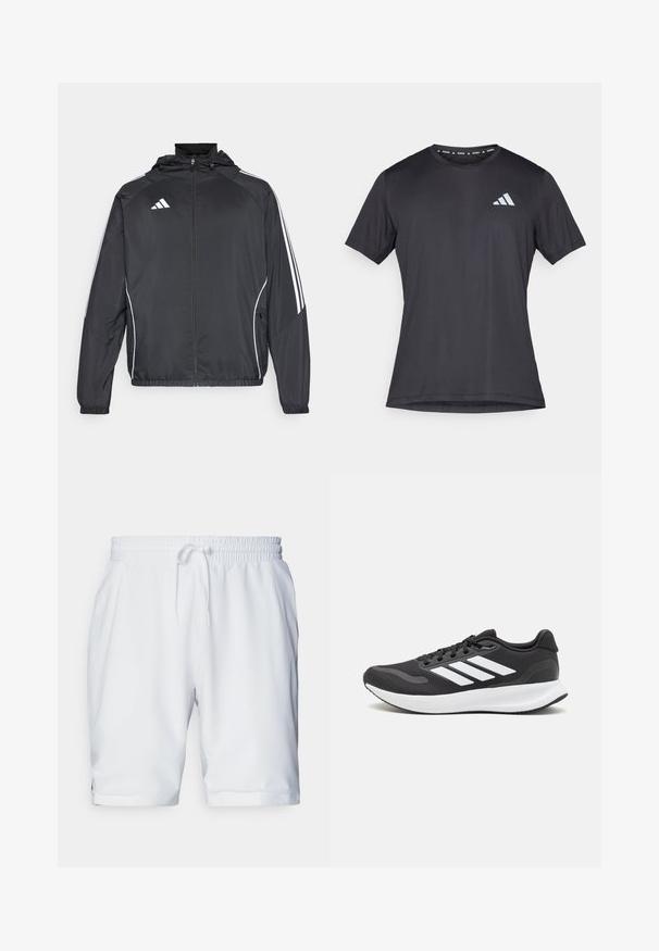 Fekete sportos dzseki kapucnival, fehér csíkokkal az ujjak mentén és cipzáras elülső résszel. Simább, könnyű anyagból készült.; Fekete sportpóló, rövid ujjú, kerek nyakkivágással, könnyű anyagból készült. Első részén fényvisszaverő Adidas logó található.; Fehér sportnadrág elasztikus derékkal és állítható zsinórral. Simaszerű anyag finom textúrával, oldalirányú zsebekkel.; Fekete sportcipő légáteresztő hálós felsőrésszel, fehér kiegészítőkkel és párnázott talppal. Az oldalon három csíkkal ellátott logó található.