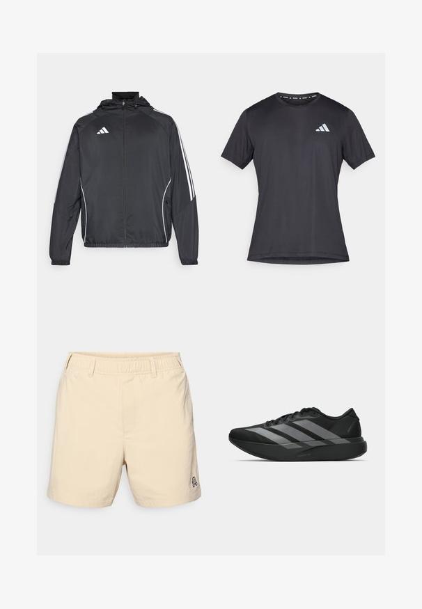 Juodas sportinis džemperis su kapišonu, turintis baltas juosteles palei rankoves ir užtrauktuką priekyje. Pagamintas iš lygaus, lengvo audinio.; Juoda atletinė marškinėliai su trumpomis rankovėmis ir apvalia apykakle, pagaminti iš lengvos medžiagos. Priekyje yra atspindinti Adidas logotipas.; Šviesiai rudos šortai, pagaminti iš lengvos medžiagos, su elastinga juosmeniu, šoninėmis kišenėmis ir mažu išsiuvinėtu logotipu ant krašto.; Juodos sportinės avalynės, lengvos konstrukcijos, su trimis aiškiomis pilkomis juostomis, lygiu paviršiumi ir kontūrine padu.