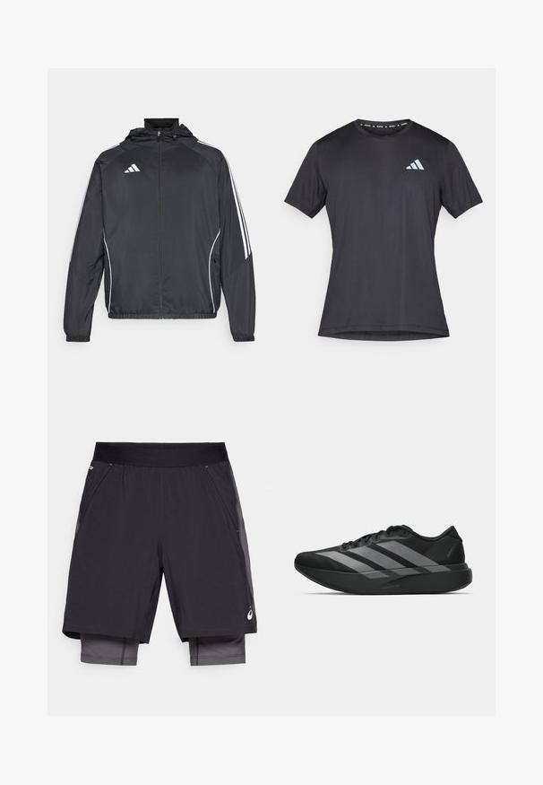 Črna športna jakna s kapuco, z belimi črtami ob rokavih in z zadrgo spredaj. Narejena iz gladkega, lahkega materiala.; Črna športna majica s kratkimi rokavi in okroglim izrezom, izdelana iz lahkega materiala. Na sprednji strani z odsevnimi lastnostmi nosi logotip Adidas.; Črne športne kratke hlače z gladko teksturo, opremljene s širokim elastičnim pasom in notranjo podlogo v temnejši odtenek. Vključene so stranske žepe.; Crne atletske čevlje z lahkotno zasnovo, ki imajo tri izrazite sive črte, gladko teksturo in oblikovano podplat.