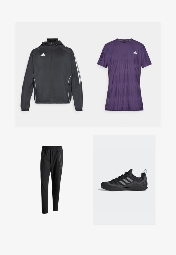 Schwarze Sportjacke mit Kapuze, ausgestattet mit weißen Streifen an den Ärmeln und einem Reißverschluss vorne. Hergestellt aus einem glatten, leichten Stoff.; Lila Sport-T-Shirt mit strukturiertem Muster, kurzen Ärmeln und rundem Ausschnitt. Verfügt über ein weißes Logo auf der linken Brust.; Schwarze Sporthose mit elastischem Bund, zwei Reißverschlusstaschen an den Seiten, schmal zulaufenden Beinen und einem dezenten Logo-Detail an der Hüfte.; Schwarze Sport Schuhe mit einem Mesh-Obermaterial, gummiisiertem Zehenschutz, grauen Adidas-Streifen und strukturierter Sohle für verbesserten Grip.