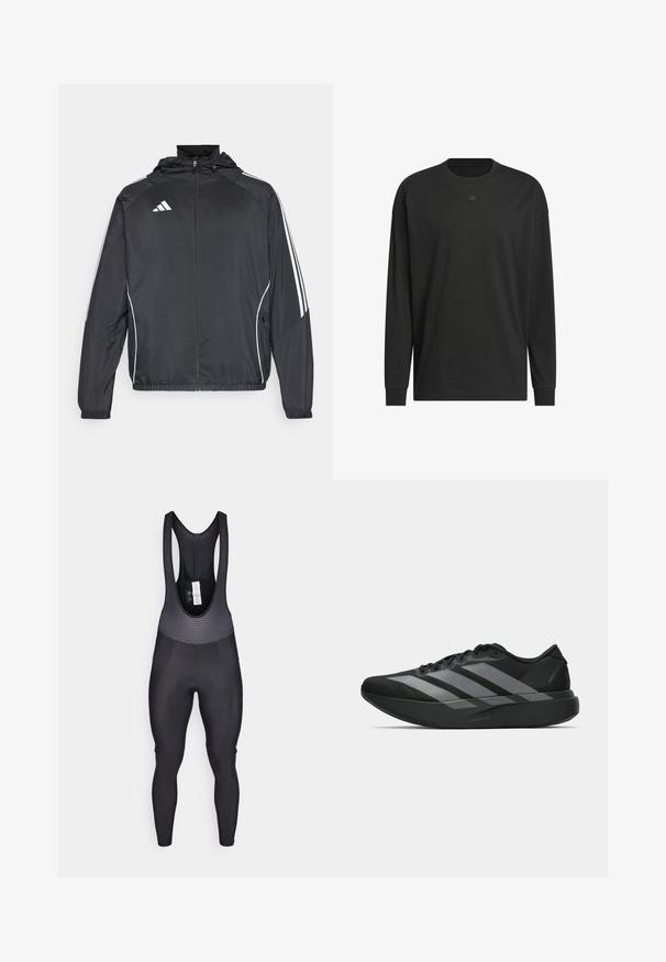 Melnā sporta jaka ar kapuci, ar baltām svītrām pa piedurknēm un ar rāvējslēdzēju priekšpusē. Izgatavota no gludas, vieglas auduma.; Melnas garas piedurknes T-krekls, izgatavots no mīkstas kokvilnas, ar apaļu kakla izgriezumu, brīvu piegriezumu un mazu logo detaļu uz krūšu daļas.; Melnas velosipēdu bikses ar biksēm, kas aprīkotas ar strukturētu augšējo paneli ar sietu dizainu, pieguļošām kājām un mīkstu sēdekli komfortam.; Melni sporta apavi ar vieglu dizainu, ar trim izteiksmīgiem pelēkiem svītrām, gludu virsmu un kontūrveida zoli.