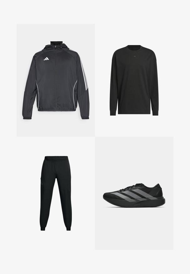 Zwarte sportjack met capuchon, voorzien van witte strepen langs de mouwen en een ritssluiting aan de voorkant. Gemaakt van een gladde, luchtige stof.; Zwarte longsleeve t-shirt van zachte katoen, met een ronde hals, een relaxte pasvorm en een klein logo-detail op de borst.; Zwarte sportbroek met een elastische tailleband, taps toelopend ontwerp, zijzakken en contrasterende paneeldetails. Lichtgewicht, gladde stof.; Zwarte sportieve schoenen met een lichtgewicht ontwerp, voorzien van drie opvallende grijze strepen, een gladde textuur en een gevormde zool.