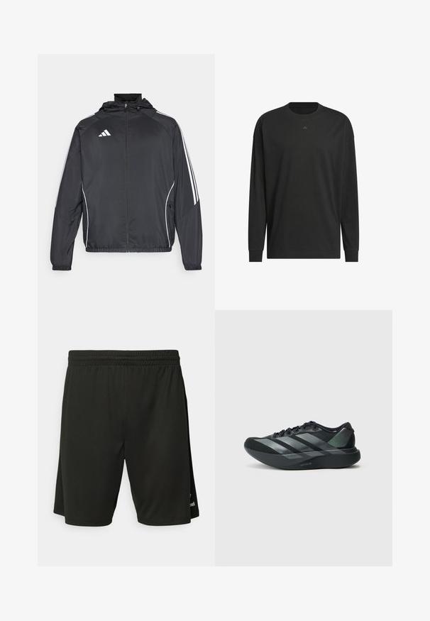 Fekete sportos dzseki kapucnival, fehér csíkokkal az ujjak mentén és cipzáras elülső résszel. Simább, könnyű anyagból készült.; Fekete hosszú ujjú póló puha pamutból, kerek nyakkal, laza szabással és kis logóval a mellkason.; Fekete sportos rövidnadrág könnyű anyagból, rugalmas derékpánttal és lapos varrásokkal. Diszkrét logó részlet található az alján.; Fekete sportcipő sima felsőrésszel, ezüst ferde csíkokkal, texturált sarokkal és könnyű talppal, amelyen a "LIGHTSTRIKE PRO" felirat látható.