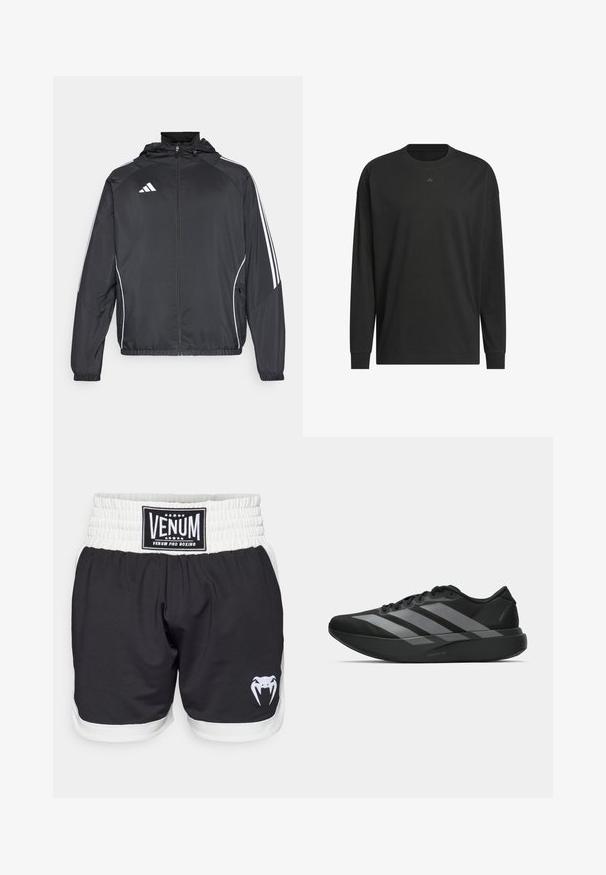 Black athletic jacket with a hood, featuring white stripes along the sleeves and a zippered front. Made from a smooth, lightweight fabric.; Black long-sleeve t-shirt made of soft cotton, featuring a crew neck, relaxed fit, and small logo detail on the chest.; Black boxing shorts with a white waistband, featuring a VENUM logo and a snake graphic in white. Made of lightweight, durable material.; Black athletic shoes with a lightweight design, featuring three prominent gray stripes, a smooth texture, and a contoured sole.