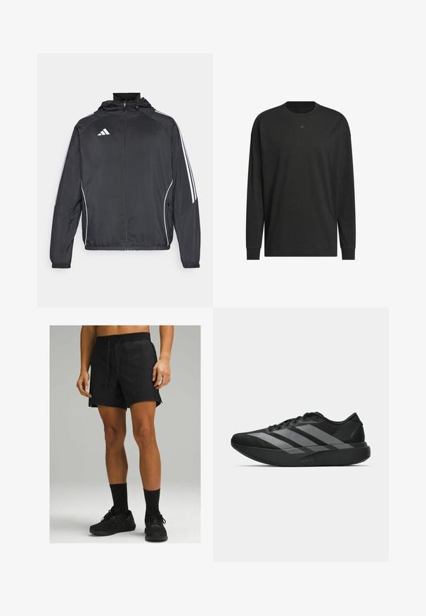 Musta urheilu takki hupulla, jossa on valkoiset raidat hihoissa ja vetoketjuzulu etupuolella. Valmistettu sileästä, kevyestä kankaasta.; Musta pitkähihaisen t-paito, joka on valmistettu pehmeästä puuvillasta. Sen ominaisuuksiin kuuluu pyöreä kaula-aukko, rento istuvuus ja pieni logopainatus rinnassa.; Mustat urheilushortsit, joissa on joustava vyötärö ja nyöritys, sivuilla halkiot ja sileä pinta, yhdistettynä mustiin sukkiin ja kenkiin.; Mustat urheilukengät, joissa on kevyt muotoilu, kolme näkyvää harmaata raitaa, sileä pinta ja muotoiltu pohja.